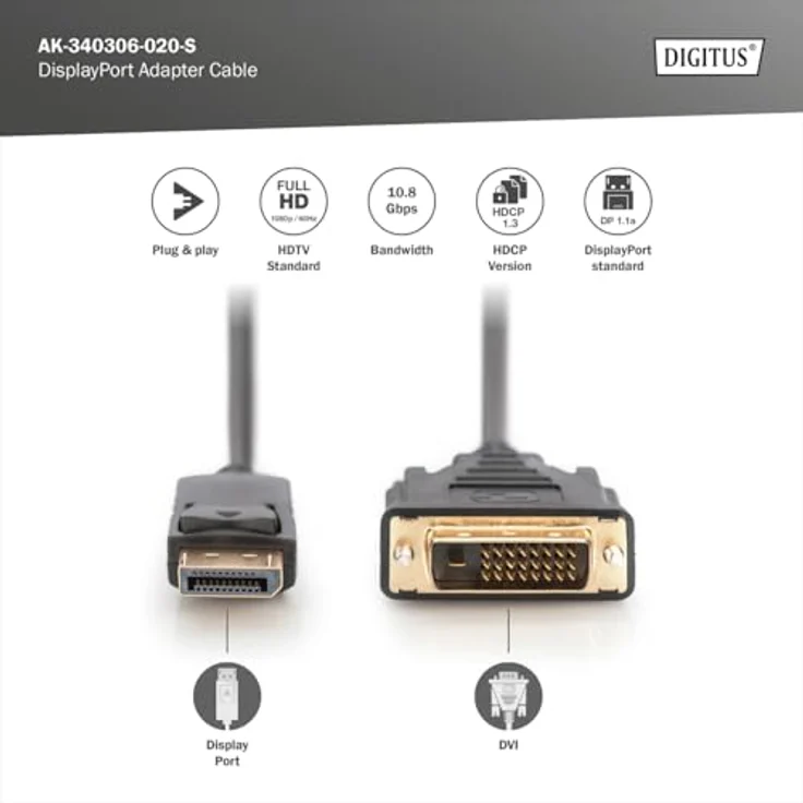 Assmann DisplayPort adapter cable. DP - DVI (24+1) M/M. 2.0m. w/interlock. DP 1.1 compatible. UL. bl. w/o shielding. 32AWG (AK-340306-020-S) - Preisvergleich – Bild 2