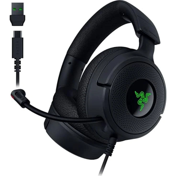 Razer Kraken V4 X - Kabelgebundenes PC-Gaming-Headset (Triforce 40-mm-Treiber, einziehbares Nierenmikrofon, 7.1-Surround-Sound, Chroma RGB, für PC - Konsolen & Mobiltelefone über USB-C) Schwarz – Bild 1