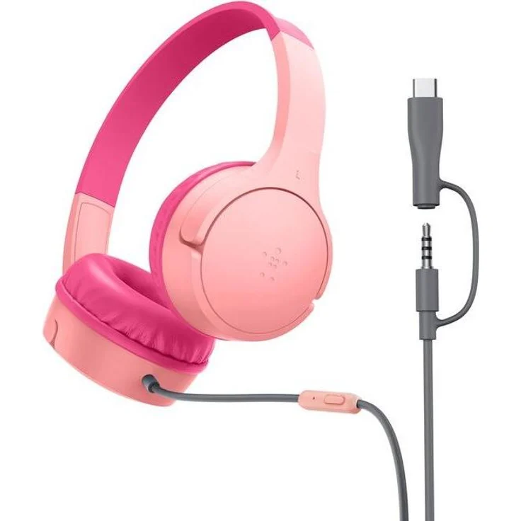 Belkin SoundForm Mini Wired On-Ear Headphones, kinderfreundliche Kopfhörer mit Safe Sound-Technologie, USB-C & 3.5mm, pink