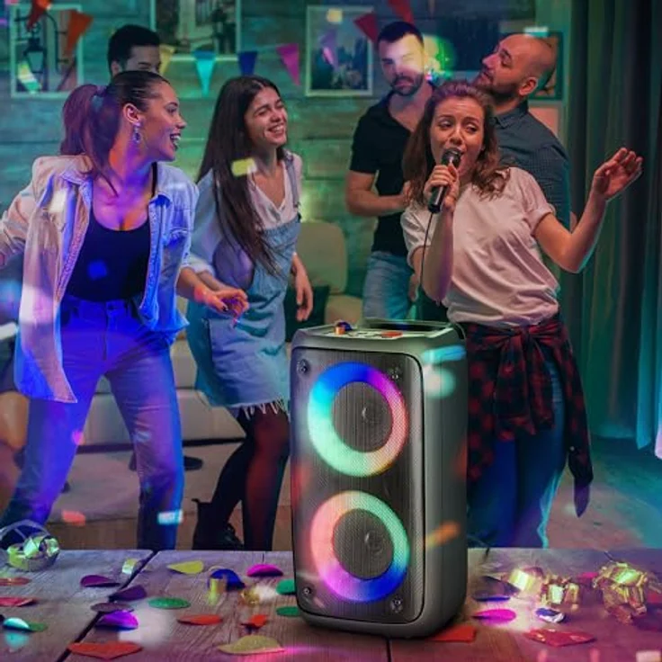 Defender Global Defender® Boomer 20 Bluetooth Lautsprecher mit LED Licht, 20W, TWS Funktion, EQ-Modus, Bluetooth 5.0, USB-C Ladekabel, 5-Modi Lichteffekte, 7-farbige LED-Lichtshow, Karaoke Mikrofon - Schwarz – Bild 3