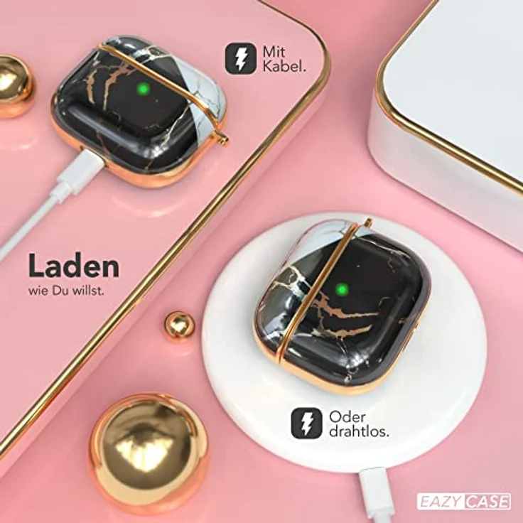 EAZY CASE AirPods 3 Schutzhülle, Stoßfestes Hard Case in Marmor Schwarz mit Karabiner, Antikratz und Rutschfest, Kabelloses Laden unterstützt – Bild 5
