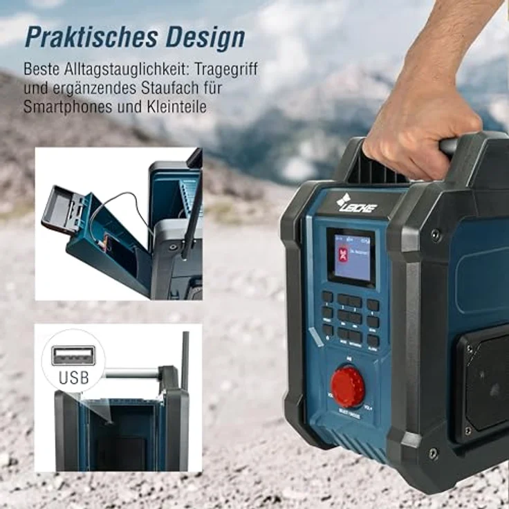 LEICKE Baustellenradio, Digitales DAB+ und FM Radio mit Bluetooth, AUX, 4000mAh Akku, 2 x 15W Lautsprechern und 2.4-Zoll LCD Display, IP54 Schutz – Bild 5