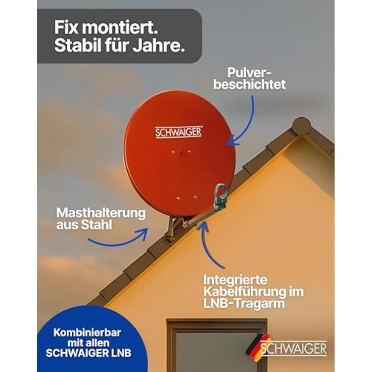 Schwaiger Aluminium Satellitenschüssel 80 cm, vormontiert, ziegelrot, mit LNB-Tragarm und korrosionsgeschützter Beschichtung – Bild 4