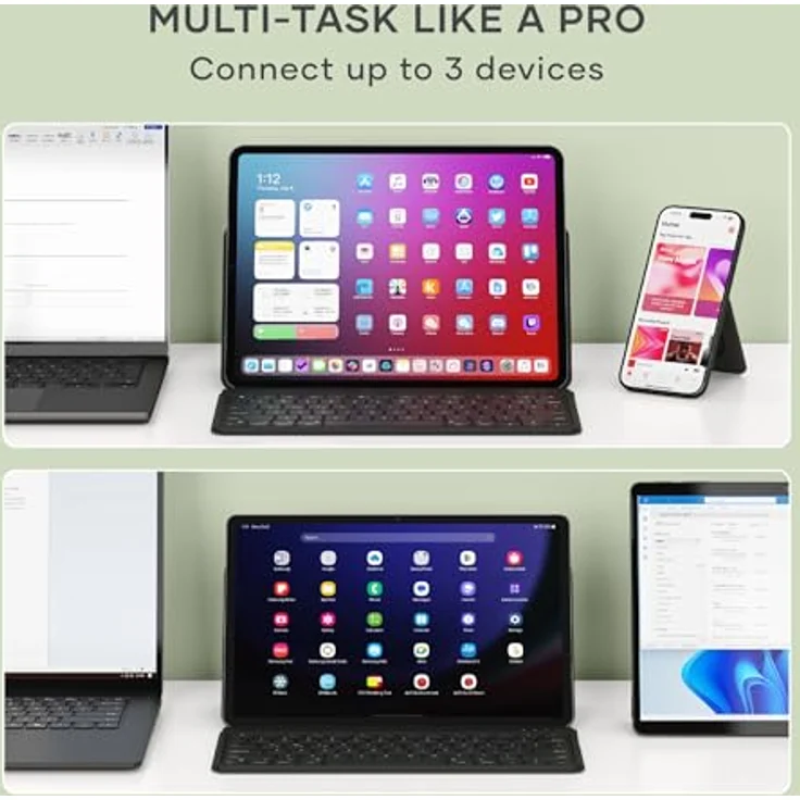 SATECHI OntheGo™ Kompakte Bluetooth Tastatur mit verstellbarem Ständer, Multi-Geräte-Konnektivität, wiederaufladbarem USB-C Akku, ergonomisches Design, US-QWERTY-Layout – Schwarz – Bild 3