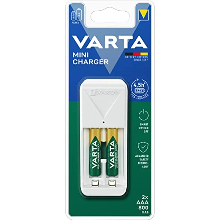 Varta Akku Ladegerät, inkl. 2X AAA 800mAh, Batterieladegerät für wiederaufladbare Batterien, lädt 2 AA/AAA gleichzeitig, Mini Charger, weiß – Bild 2