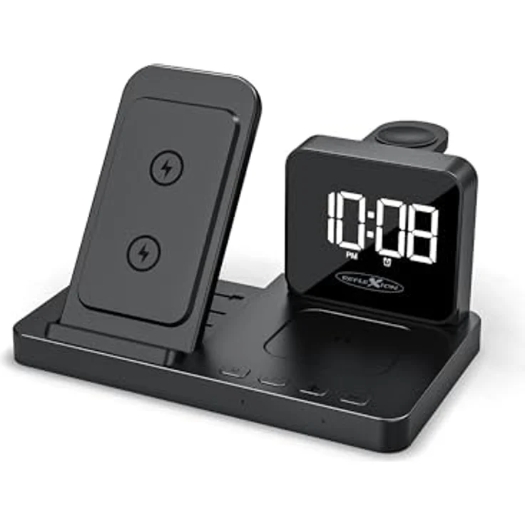 Reflexion ACW2190 Wecker Ladestation, 4 in 1 Wireless Charger für Smartphone, Smartwatch + Kopfhörer, USB-C, schwarz – Bild 2