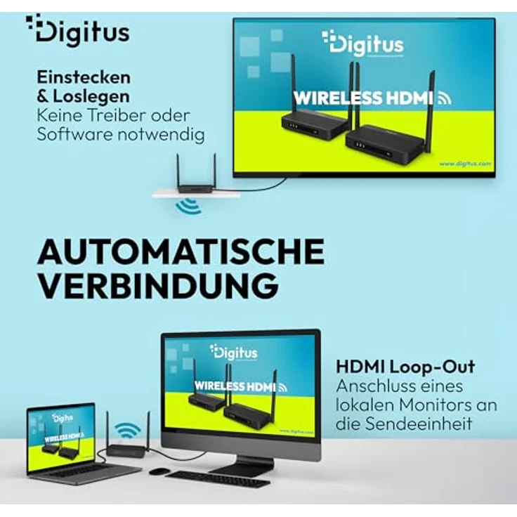 DIGITUS DS-55360 Wireless HDMI KVM Extender, UHD 4K 60 Hz, Reichweite bis zu 100 m, Set aus Transmitter und Receiver, Loop-Out, IR Infrarot, HDMI 2.0, HDCP 2.2, IEEE 802.11.b/g/n/ac WiFi – Bild 4