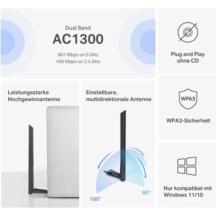 Mercusys MA30H AC1300 High Gain USB WLAN Stick Adapter mit Antennen, Dualband-Geschwindigkeit bis zu 867 Mbit/s, Kompatibel mit Windows 11/10 (32/64 bit) – Bild 3