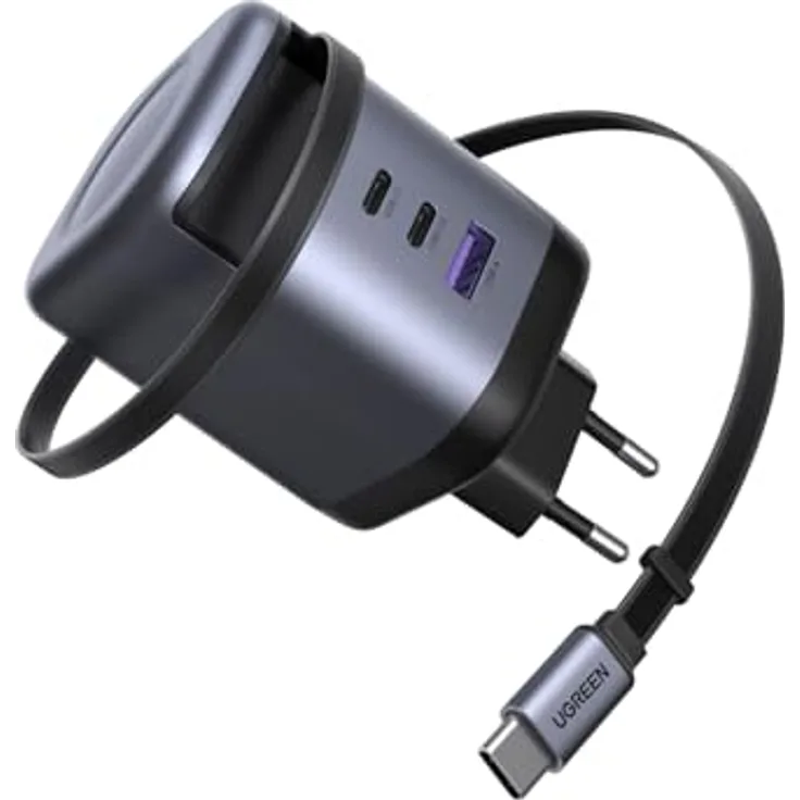 UGREEN Nexode 100W USB C Ladegerät, 4-Port GaN Netzteil mit einziehbarem Kabel für MacBook Pro/Air, Galaxy S-A Serie, iPhone 16-8 Serie, iPads, Schwarz