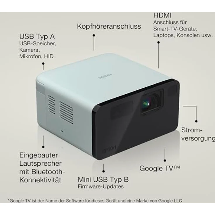 Epson EpicVision EF-21G tragbarer Mini-Laserprojektor, Full-HD 1.080, 3LCD, 1.000 Lumen, bis zu 150-Zoll-Projektionsfläche, Bluetooth-Lautsprecher, Chromecast, Google TV, grün – Bild 3