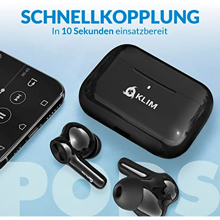 KLIM Pods V2 - NEU 2024 - Bluetooth 5.3 Kopfhörer in Ear - Hohe Klangqualität - ANC - Hervorragende Isolierung - Leichte und schnelle Kopplung - Lang anhaltende Batterie 24 h - Schwarz – Bild 5