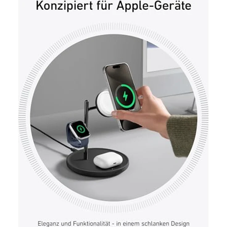 Anker MagGo 3-in-1 Kabellose Ladestation, 15W Schnellladung, MagSafe-kompatibel, Qi2-zertifiziert für iPhone 17/16/15/14, AirPods Pro, Apple Watch Ultra (inkl. 40W USB-C Netzteil und Kabel) – Bild 3