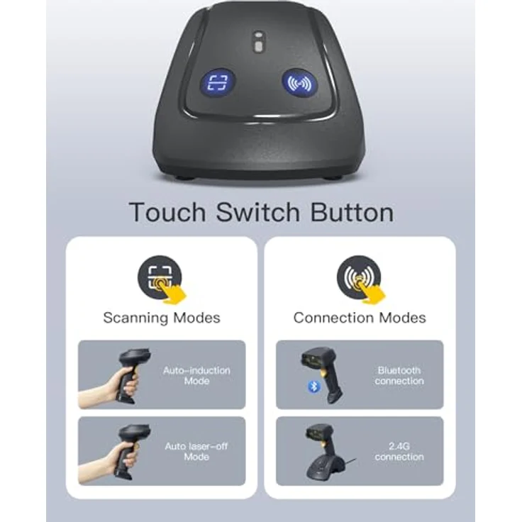 Inateck 560B Barcodescanner, Grau, mit Datentransferstation, 1D/2D Barcode-Unterstützung, 100 Scans/Sekunde, 12 Stunden Akkulaufzeit – Bild 4