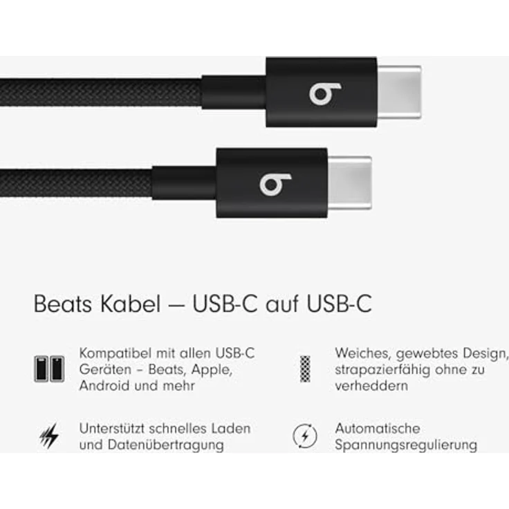 Beats USB-C auf USB-C Gewebtes Kabel, schnelles Laden mit 60 Watt, langlebiges Design, kompatibel mit Apple und Android Produkten, 1,5 m – Power-Schwarz – Bild 2