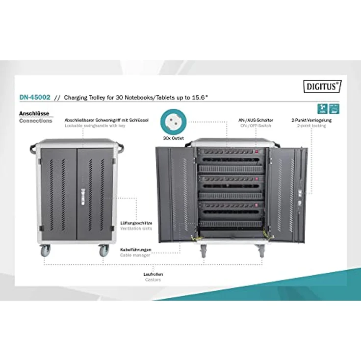 Digitus Mobiler Ladeschrank, 43.19 HE, 19 Zoll Rack für Notebooks und Tablets, Grau, mit 30 USB-Ladeplätzen und aktivem Lüftungssystem – Bild 3