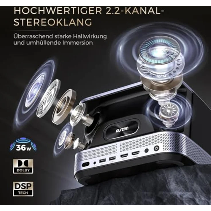Aurzen BOOM 3 4K Beamer mit Dolby Audio, 500 ANSI, Autofokus, Trapezkorrektur, WiFi, Bluetooth, FHD 1080P, 36W Lautsprecher, grau – Bild 5