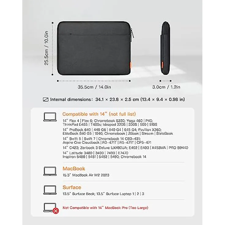 Inateck 14 Zoll Laptoptasche Hülle Notebook Sleeve Case Schutzhülle Kompatibel 14 Zoll Laptops, 15 Zoll MacBook Pro 2016-2019 – Bild 3