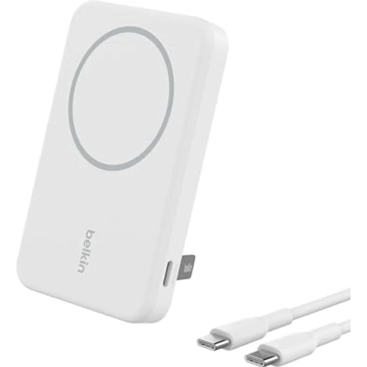 Belkin BoostCharge Pro kabellose Powerbank 5000mAh mit Qi2 und MagSafe, tragbares Ladegerät mit integriertem Ständer – Weiß – Bild 1