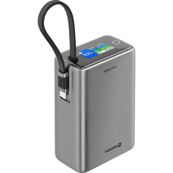 Swissten 22013977 Powerbank 25000mAh für MacBook mit digitaler Anzeige, Grau, integriertes USB-C-Kabel, 100W