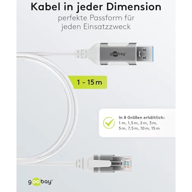 Goobay Ethernet-Kabel USB-A 3.0 auf RJ45 Slim, 1.5 m, CAT 6, weiße Farbe, bis zu 1 Gbit/s Übertragungsrate – Bild 5