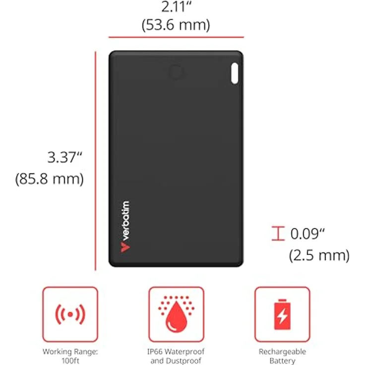 Verbatim My Finder Card, Slim Wallet Tracker-Karte, wiederaufladbarer Bluetooth Item Finder, wasser- und staubdicht, silber – Bild 2