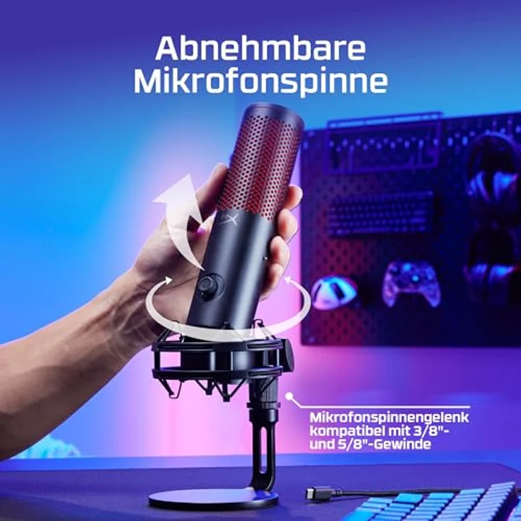 HP HyperX QuadCast 2, USB Mikrofon in Grau mit 24-Bit/96kHz Recording, Tap-to-Mute-Sensor und abnehmbaren Shock-Mount – Bild 10