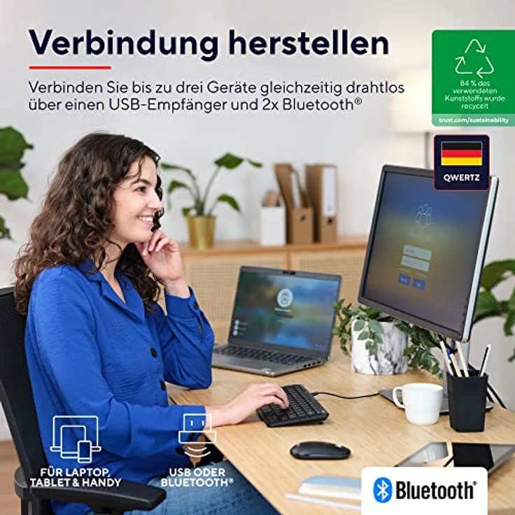 Trust Lyra Bluetooth Tastatur Maus Set Kabellos, QWERTZ-Layout, 84% Recyclingkunststoff, Wiederaufladbare Multi-Device Funktastatur mit Maus für PC, Laptop, Mac, iPad, Android, iOS – Schwarz – Bild 2