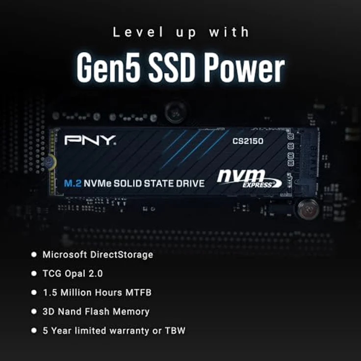 PNY CS2150 1TB M.2 NVMe Internes Solid State Laufwerk (SSD) - Gen5-Geschwindigkeit bis zu 10200MB/s, TCG Opal 2.0, Microsoft DirectStorage-Kompatibilität – Bild 3