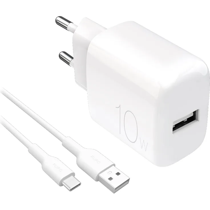 PURO Prolite 10W USB-A Wandladegerät mit USB-A - USB-C Kabel 1,2M, Weiß