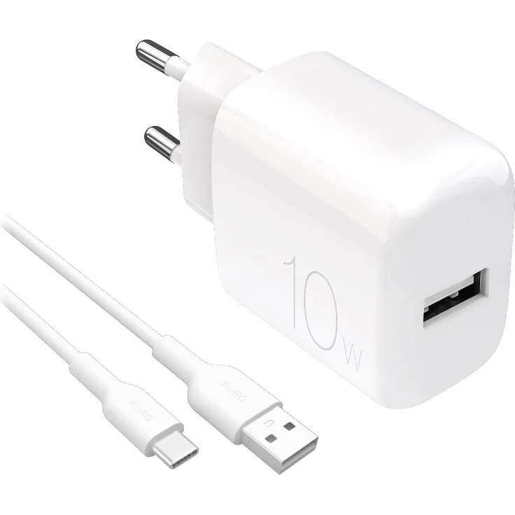 PURO Prolite 10W USB-A Wandladegerät mit USB-A - USB-C Kabel 1,2M, Weiß