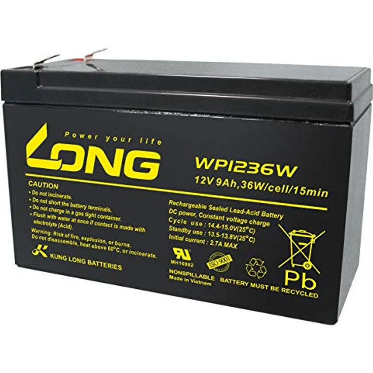 Kung Long Blei Akku WP1236W, 12V 9Ah AGM Hochstrom-Bleigelakku für Sicherheitstechnik und Notbeleuchtung, wartungsfrei und langlebig – Bild 1
