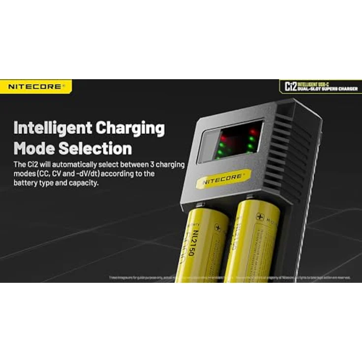 NiteCore CI2 Rundzellen-Ladegerät für LiIon, NiMH, NiCd, 2 Ladeschächte, mit Display, USB-Anschluss, max. Ladestrom 3000 mA, inkl. USB-C-Kabel – Bild 2