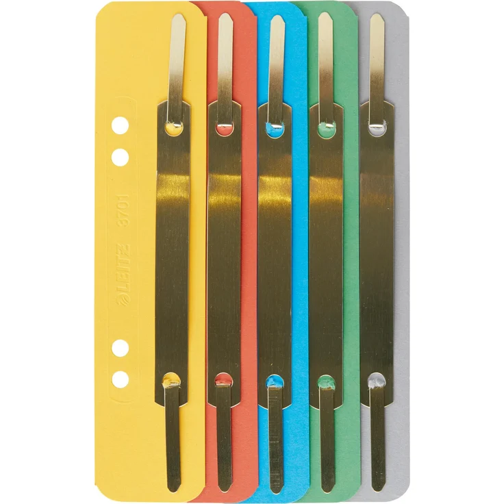 Leitz Heftstreifen, 35 x 158 mm, Colorspankarton, sortiert in Gelb, Rot, Blau, Grün und Grau, 320 g/qm, Lochung 60-80 mm, selbstklebend, 50 Stück – Bild 1