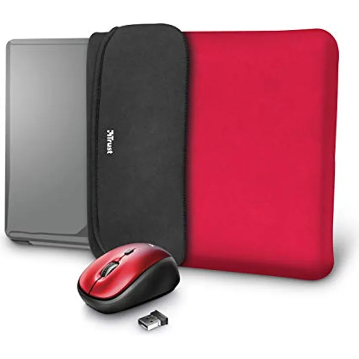 Trust Yvo Set 2-in-1: 15.6 Zoll Laptop Hülle Tasche, Wendehülle und Funkmaus, Für Links und Rechtshänder, für Laptop, PC - rot