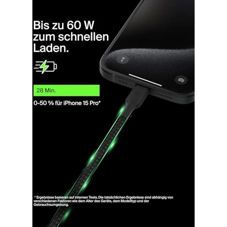 Belkin BoostCharge (15 cm) geflochtenes USB-C auf USB-C Kabel für iPhone 16, iPhone 16 Pro, iPhone 16 Pro Max, iPhone 16 Plus, iPhone 15 Galaxy S24, S23, Note10, Note9, Pixel 8/7, iPad Pro – Schwarz, Schnellladefunktion, Hochgeschwindigkeitsdatenübertragung – Bild 2