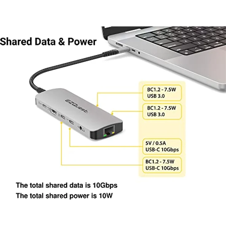 EZQuest USB C Hub 10 in 1 – Docking Station with 100W PD, HDMI 4k, 10Gbps Data - MacBook & Type C Devices Compatible – Bild 3