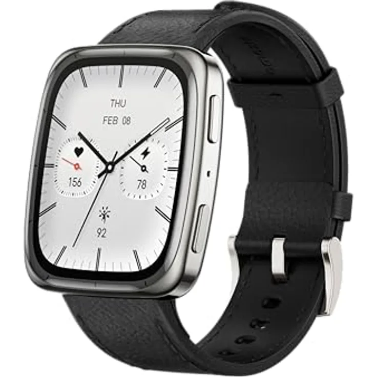 Amazfit Active 2 Square Smartwatch 1,75" AMOLED-Display, GPS, 10 Tage Akku, 160+ Sportmodi, Wasserfest, Herzfrequenz- & Schlaftracker, schwarzes Lederarmband