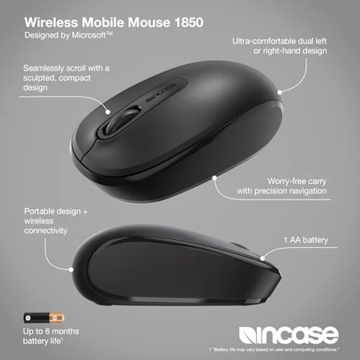 Incase Kabellose Mobile Maus 1850, kompakte Maus für Rechts- und Linkshänder, 6 Monate Akkulaufzeit, Nano-Transceiver, für Mac/Windows 8/10/11, Schwarz – Bild 3