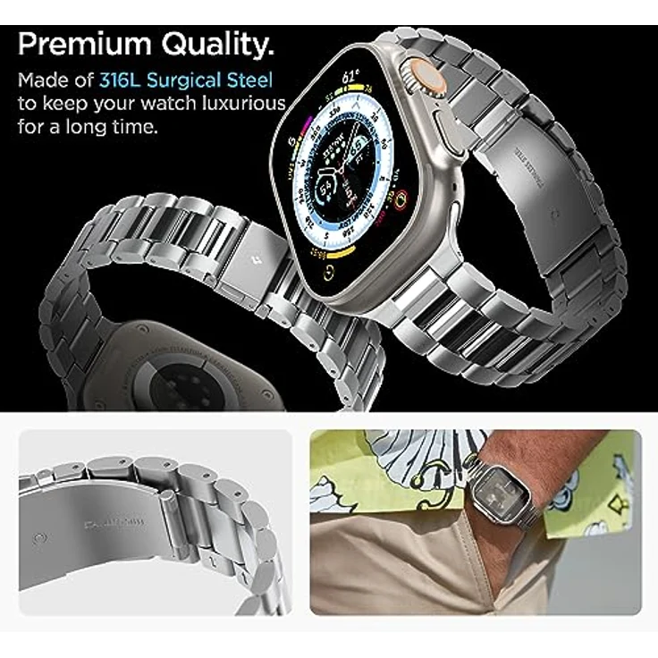 Spigen Modern Fit 316L Armband für Apple Watch Ultra 2/1 49mm, Serie 10 46mm und Serie 9/8/7/6/5/4/SE 45mm,44mm - Silber, Hochwertiger Edelstahl, Individuell verstellbar, Metallspange – Bild 4