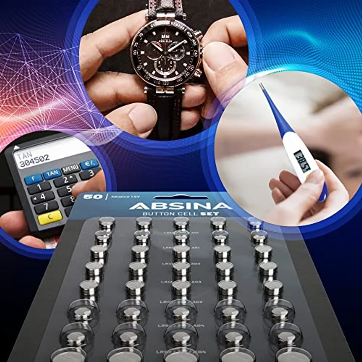 ABSINA 100er Pack Alkaline Knopfzellen Sortiment - 20x AG1, 30x AG3, 20x AG4, 20x AG10, 10x AG13, auslaufsicher, ideal für vielseitige Anwendungen – Bild 2