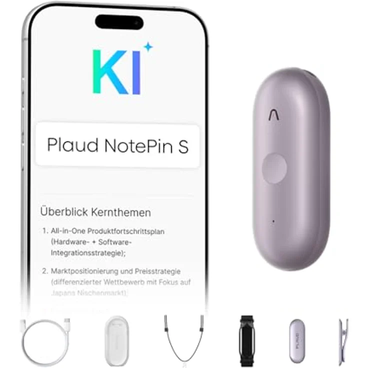 Plaud NotePin S Diktiergerät, KI Voice Recorder mit taktiler Aufnahmetaste, 64 GB Speicher, violett, inklusive 4 Zubehörteilen – Bild 1