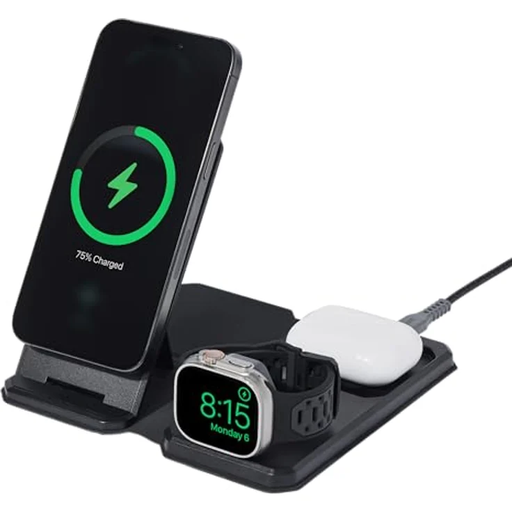 URBAN ARMOR GEAR SRGE 3in1 Reise-Ladegerät faltbar Schwarz/Grau, iPhone/AirPods/Apple Watch Wireless-Charger, Magnetisch, Inkl. Tasche/USB-C auf USB-C Kabel/globaler Netzadapter – Bild 5