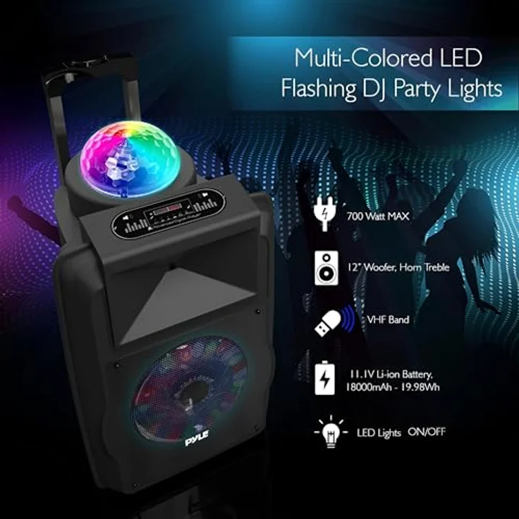 Pyle PSUFM1280B, Aktiver PA Lautsprecher mit 700 Watt, Bluetooth, Subwoofer 12 Zoll, tragbar mit Rädern und Mikrofonset, Schwarz – Bild 5