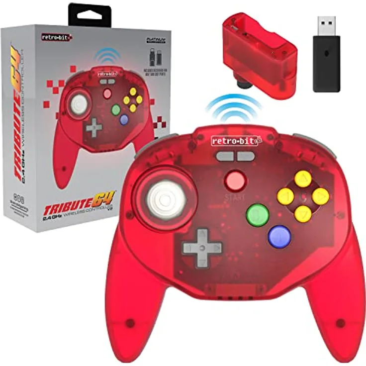 retro-bit Tribute 64, Kabelloser Gaming Controller mit Analogstick für Mac, Switch und PC, Rot