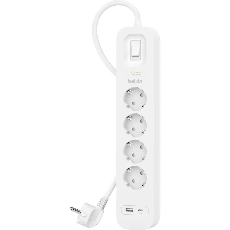 Belkin SRB001vf2MV2, Steckdosenleiste 4-fach mit Überspannungsschutz, 2m Kabel, 1x USB-C, 1x USB-A, 525J, 18W