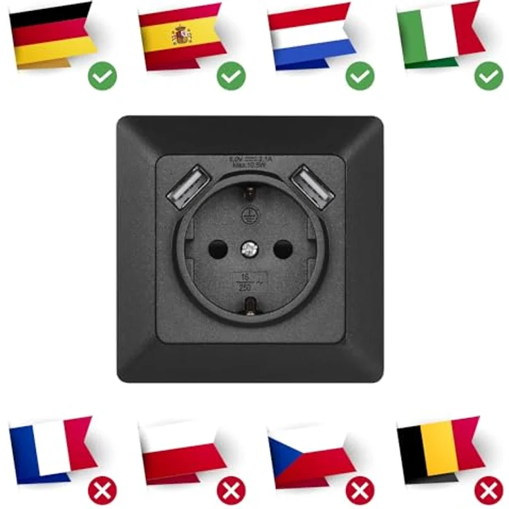 EMOS A6000.3 Unterputz-Steckdose mit 2X USB-Port Schuko, 5V / 2,1A, Anthrazit, Schwarz – Bild 2