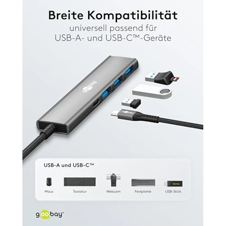 goobay USB-C Hub 4-Port, Multiport Adapter mit 3x USB-A und 1x USB-C, Aluminium-Design, USB 3.2 SuperSpeed 5 Gbit/s, ideal für MacBook, Laptop, Tablet - 76562 – Bild 5