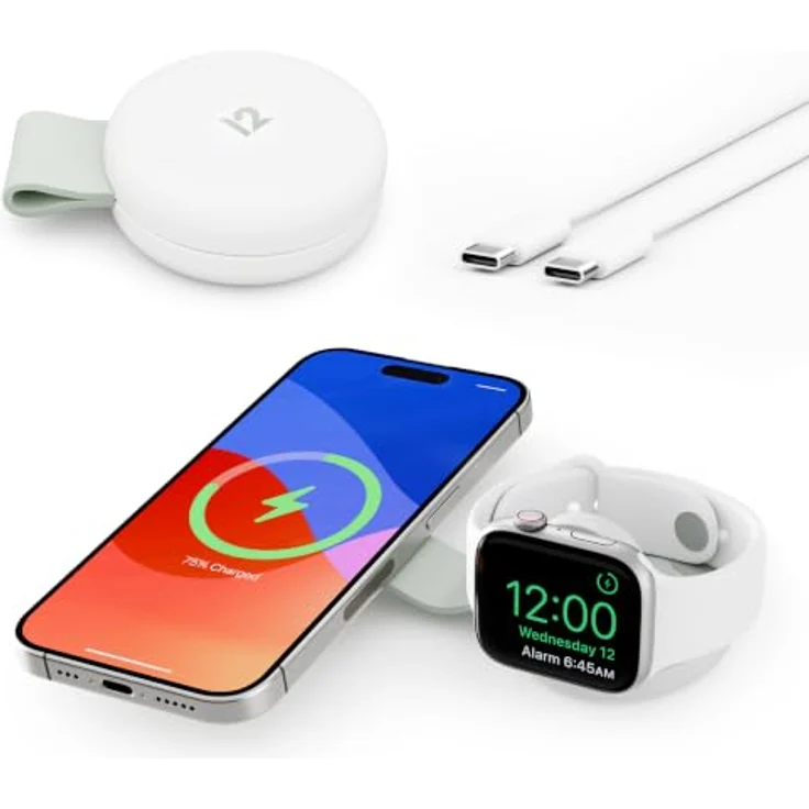 Twelve South ButterFly SE 2-in-1 Qi2 kabelloses Ladegerät in Grau – Unterstützt iPhones, Apple Watch und AirPods – Inklusive geflochtenem USB-C-Ladekabel, nutzbar mit 30W+ USB-C-Netzteil – Bild 1