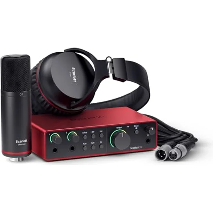 Focusrite Scarlett 2i2 Studio 4. Gen, USB-Audio-Interface-Bundle mit Kondensatormikrofon CM25 MkIII und Kopfhörer SH-450 für Aufnahmen, Streaming und Podcasting, schwarzes Design