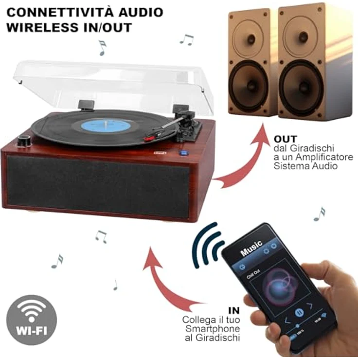 Trevi TT 1030 BT Plattenspieler aus Holz, kabelloser Audio-Anschluss, 33/45/78 Umdrehungen, RCA-Ausgang, eingebaute 15-W-Lautsprecher – Bild 3